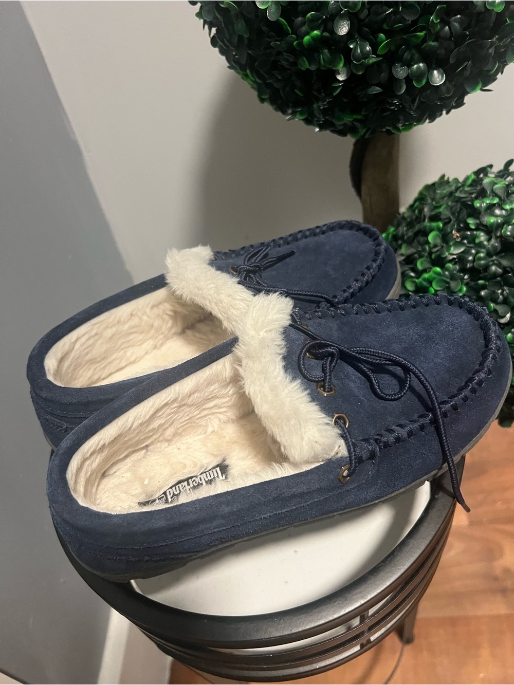 Timberland Navy Blue Suede Faux-Fur Lined Slip-On Moccasins
